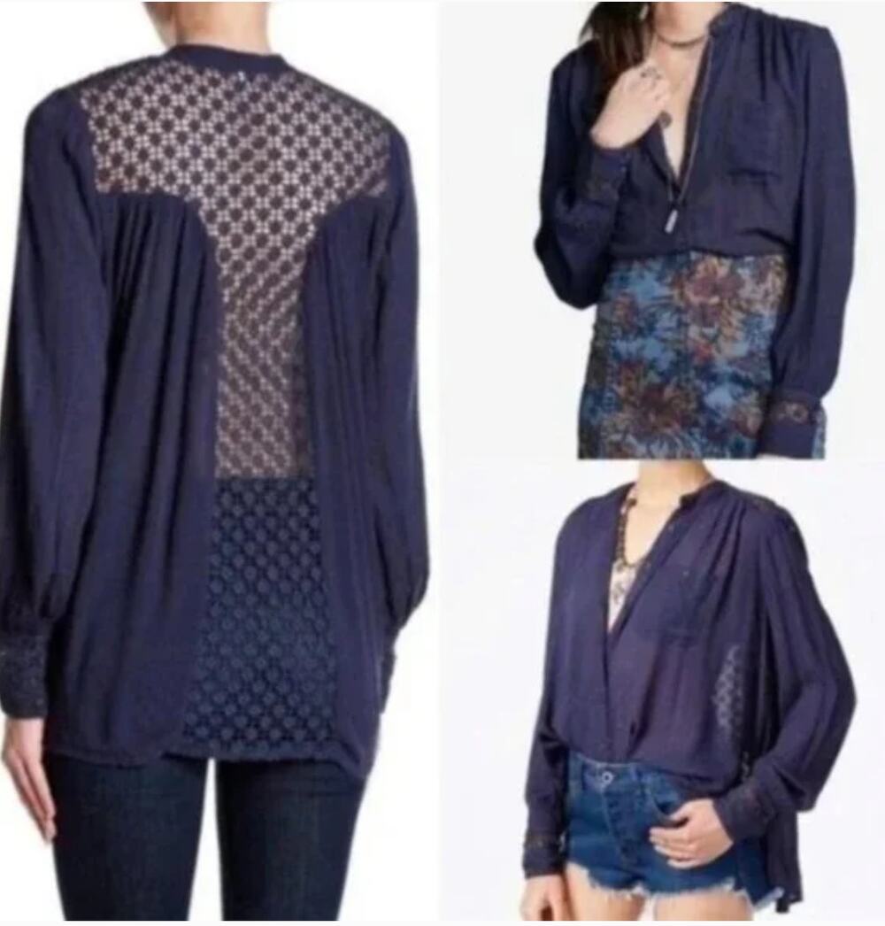 FREE PEOPLE Blue Blouse Top Cotton Embroidered Floral Button Front Size S Small